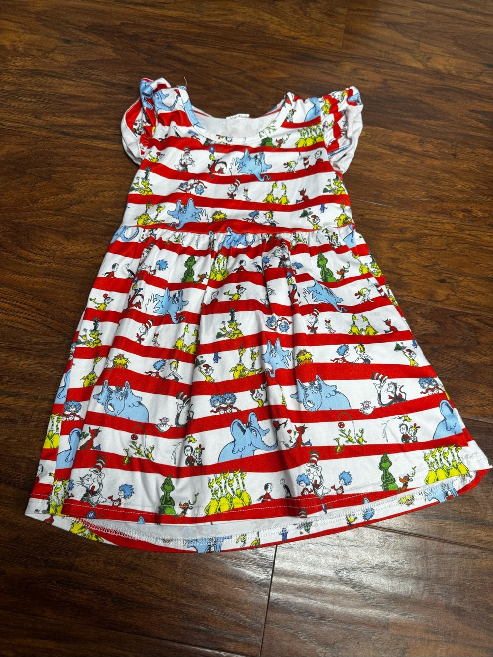 Girls' Red & White Striped Character Print Casual Dress